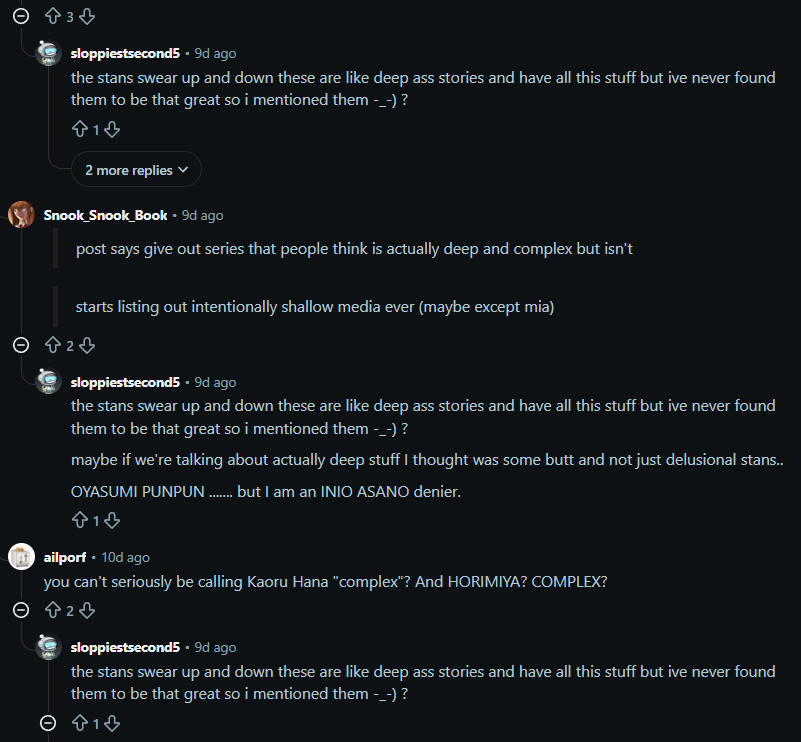 Reddit comment from sloppiestsecond5 saying, "the stans swear up and down these are like deep ass stories and have all this stuff but ive never found them to be that great so i mentioned them -_-) ?"